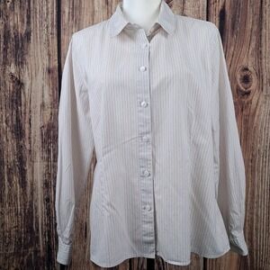 LL BEAN L Womens Cotton Button Down Shirt Pink Grey Pinstripe Long Sleeve Preppy